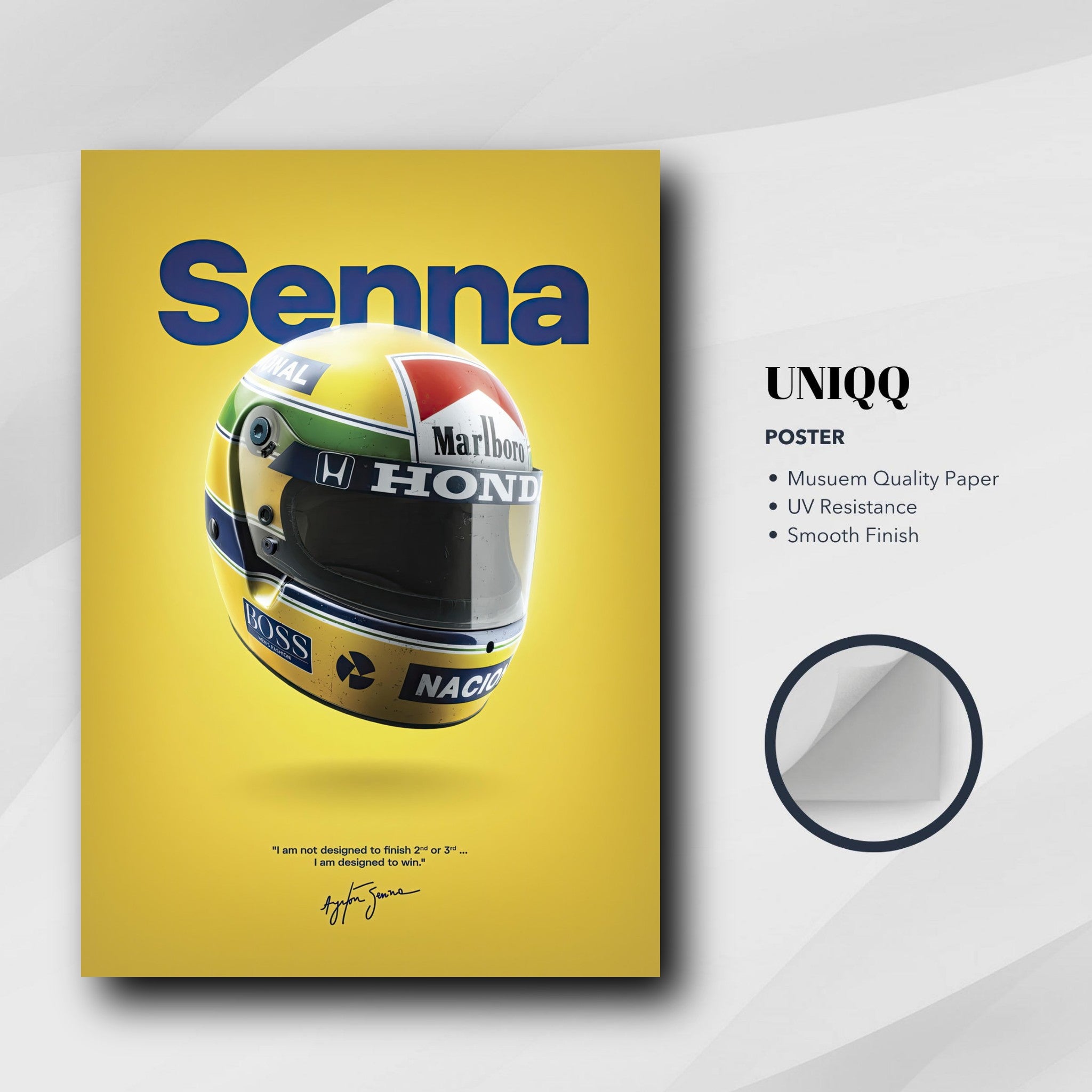 Ayrton Senna helmet poster featuring iconic yellow design, Marlboro and Honda branding, vibrant tribute to racing legend.