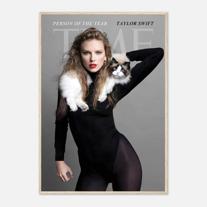 Taylor Swift Time Magazine framed print featuring her holding a cat, showcasing elegance and artistry.