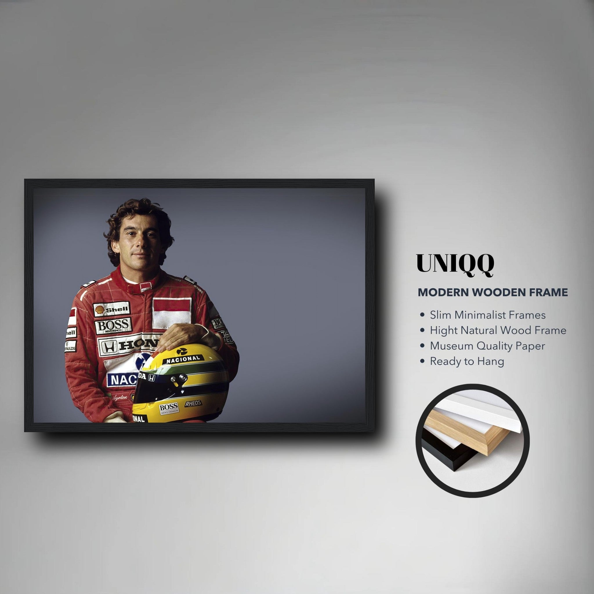 Ayrton Senna framed print featuring motorsport icon in sleek wooden frame, ideal for home decor or office display.