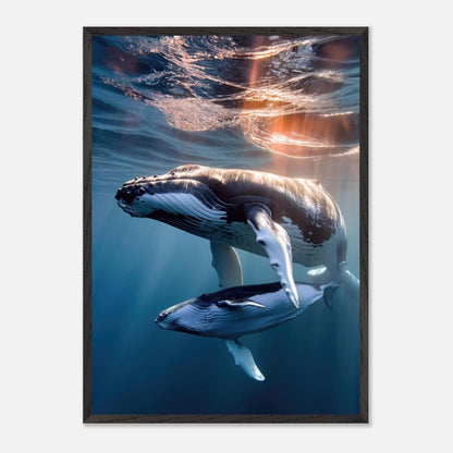 Underwater photography of a humpback whale and calf in serene ocean light, showcasing the elegance of marine life.