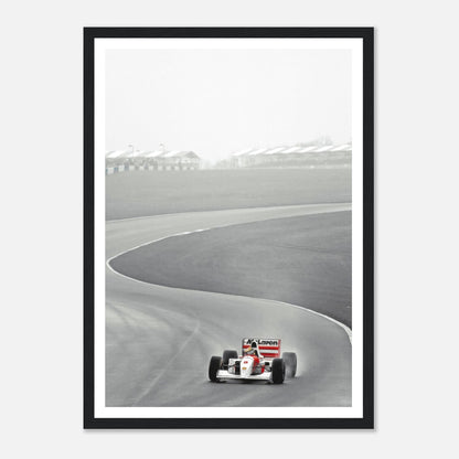 Framed black and white photograph of Ayrton Senna driving the McLaren MP4/4 during the 1988 Formula 1 season.