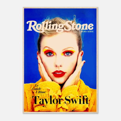 Taylor Swift Rolling Stone magazine cover framed print featuring vibrant colors and a striking close-up portrait.