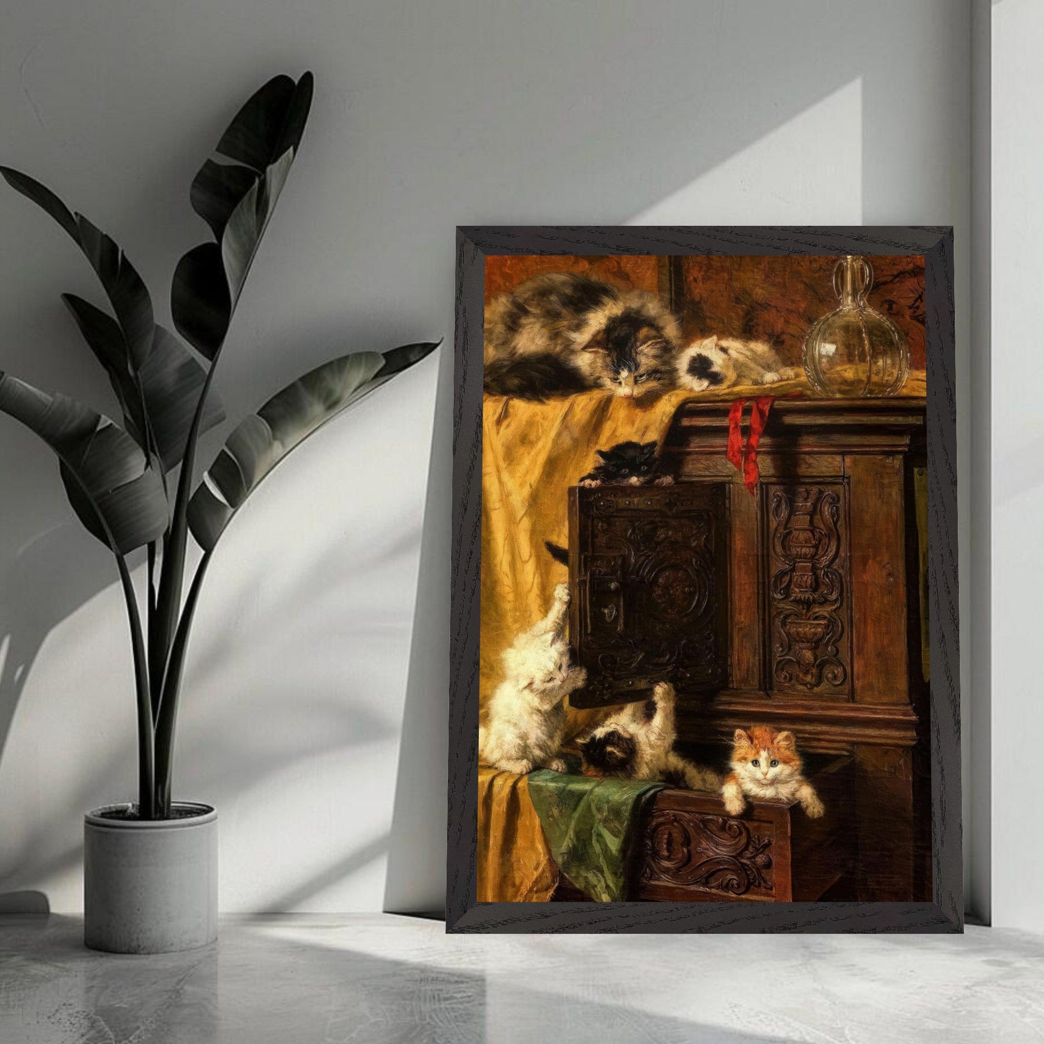 Vintage cat painting framed print featuring playful kittens around a wooden cabinet, showcasing classic charm.