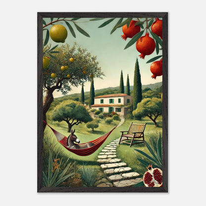 Mediterranean rural landscape artwork featuring a donkey in a hammock, vibrant trees, and a villa.
