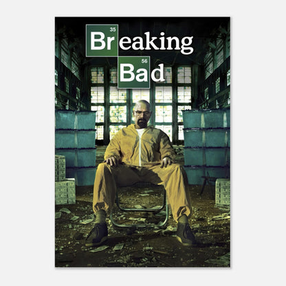 Walter White poster from Breaking Bad, featuring him in a yellow hazmat suit surrounded by stacks of cash.