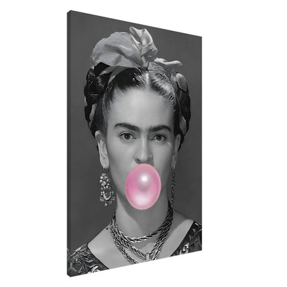 Frida Kahlo Bubble Gum Canvas featuring a grayscale portrait of Frida with vibrant pink bubble gum detail.