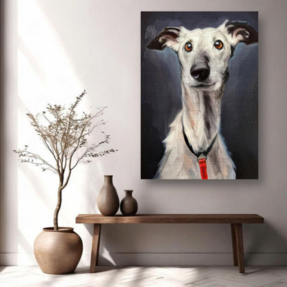 Greyhound dog painting in brushed metal, showcasing elegance with detailed expression and modern decor.