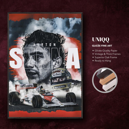 Ayrton Senna F1 framed fine art print featuring vibrant colors and vintage thick frame, perfect for car enthusiasts.