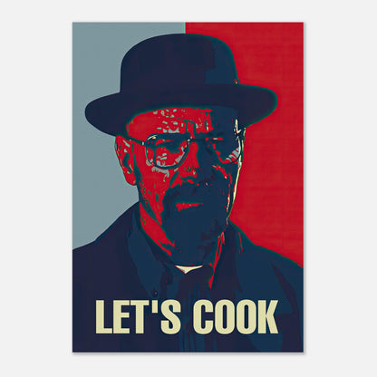 Heisenberg Let's Cook poster featuring iconic character art in bold reds and blues, perfect for pop art fans.