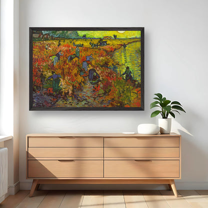 Museum-quality Giclée print of Van Gogh's The Red Vineyard, showcasing vibrant autumn colors in a modern living space.