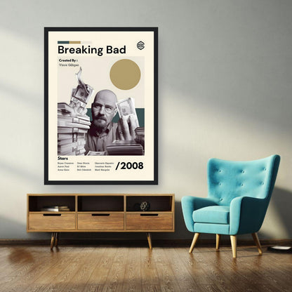 Framed print of Breaking Bad featuring Walter White, highlighting his transformation and iconic imagery in a stylish setting.