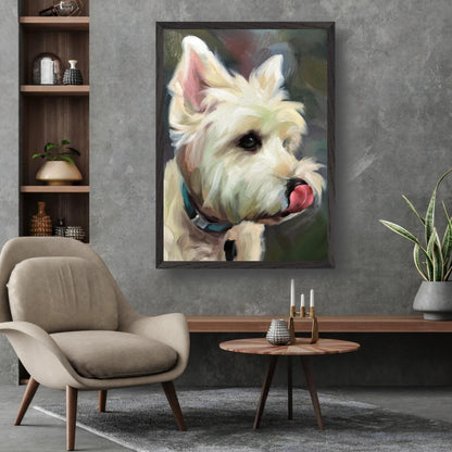 Westie dog painting in living room, showcasing fluffy white coat and playful expression, museum quality art.