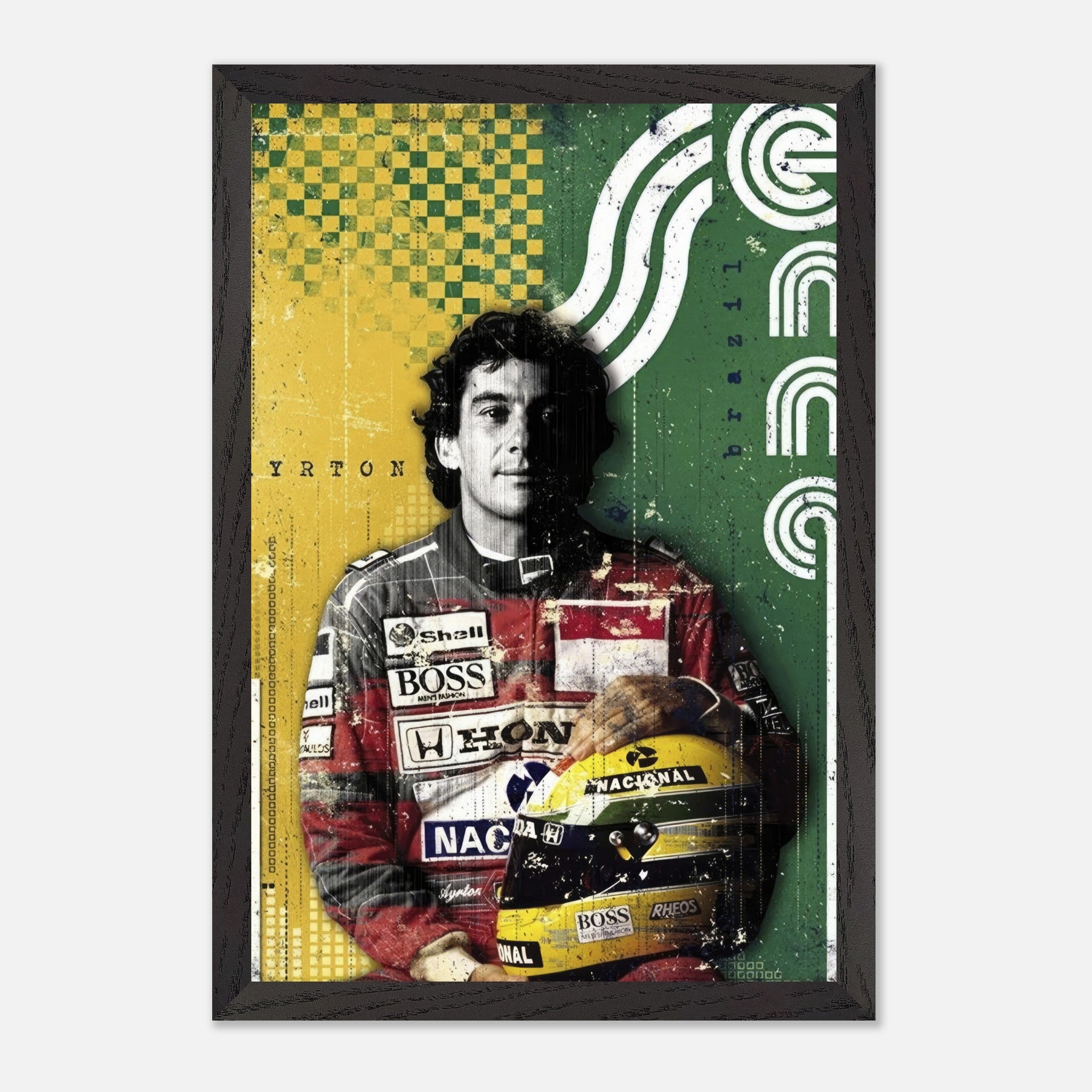 Ayrton Senna vintage framed print capturing the F1 legend with bold colors and retro design.