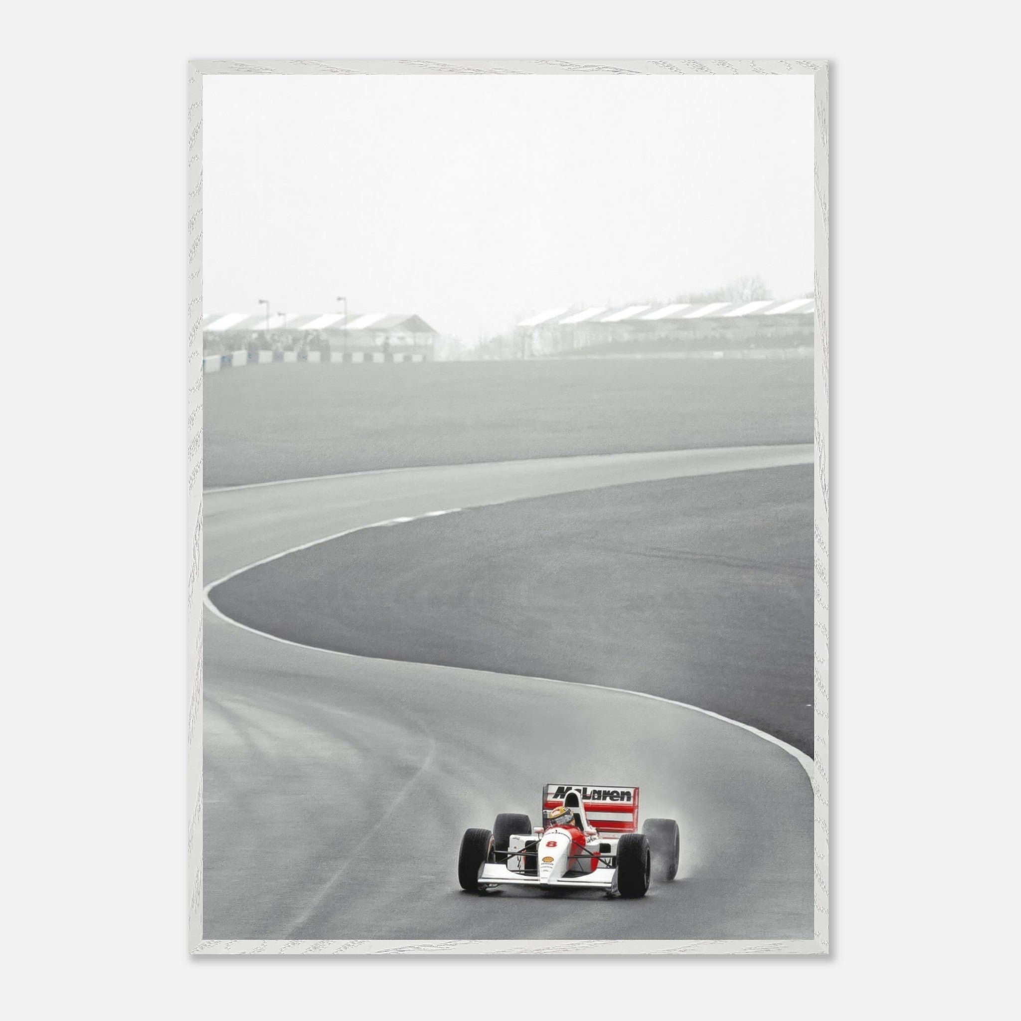 1988 Ayrton Senna McLaren MP4/4 racing on track, framed glicée fine art photography capturing iconic Formula 1 moment.