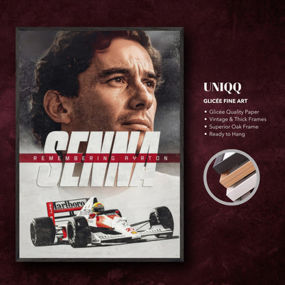 Giclée fine art print of Ayrton Senna featuring his portrait and iconic race car, ready to hang with vintage oak frame.