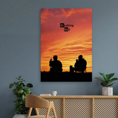 Breaking Bad poster featuring silhouettes of two characters against a vibrant sunset, perfect for fans of the series.