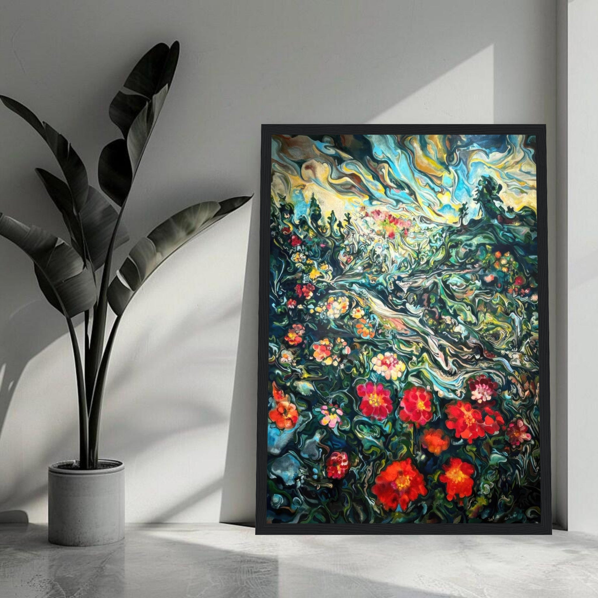 Abstract Floral Landscape Painting framed print showcasing vibrant flowers and dreamy colors in a modern interior.