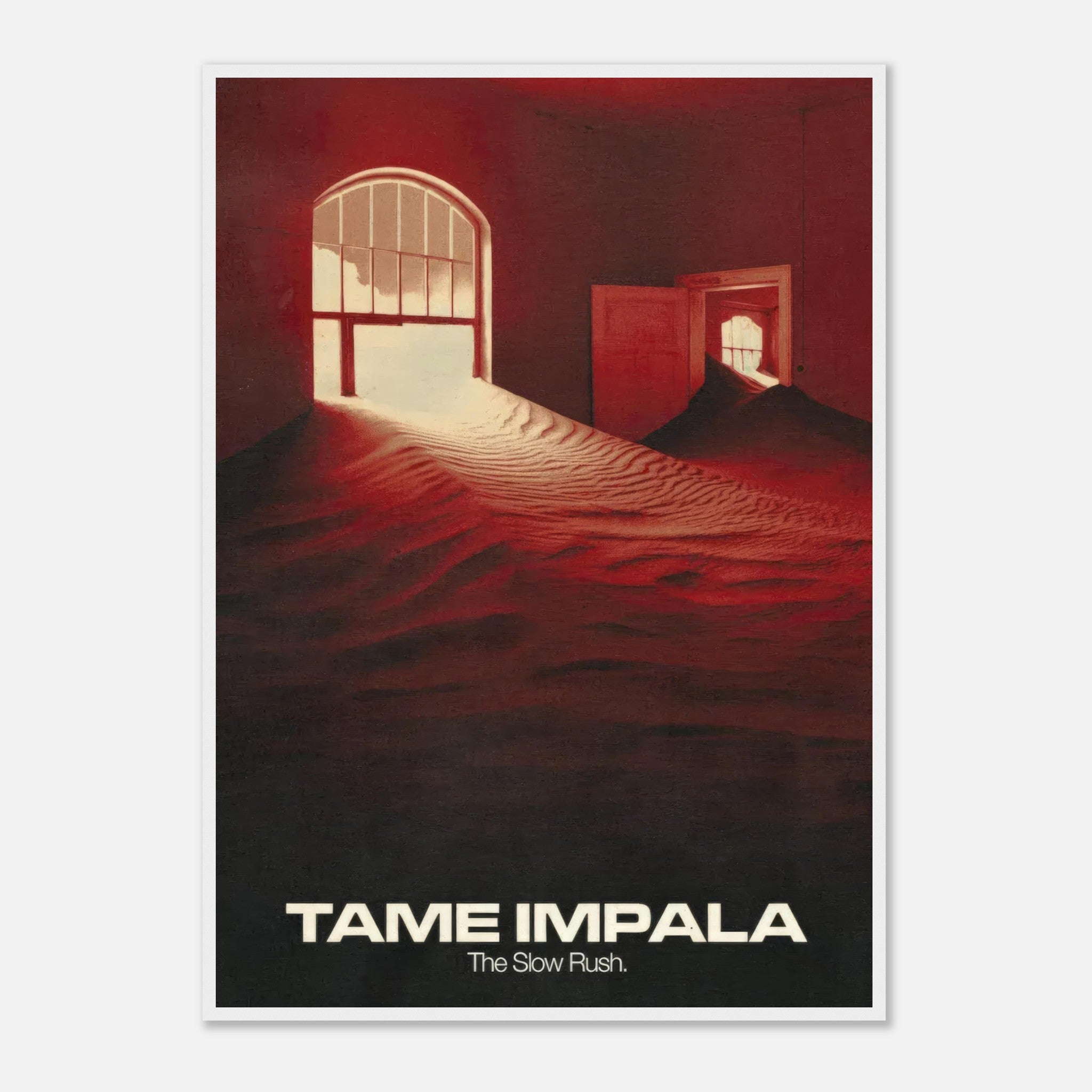 Framed print of Tame Impala’s album The Slow Rush, showcasing surreal artwork in rich red tones.