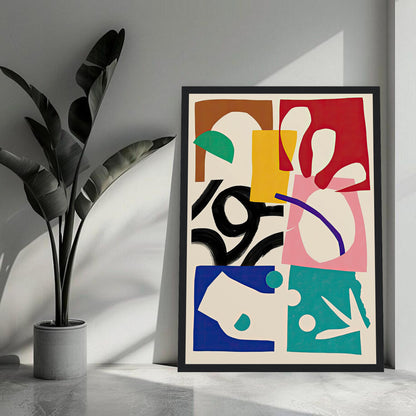 Abstract Harmony Framed Print showcasing vibrant geometric and organic shapes in rich colors.