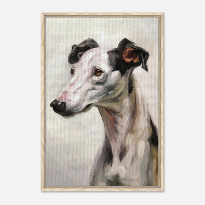 Framed canvas print of a greyhound dog painting showcasing elegance and artistic expression.