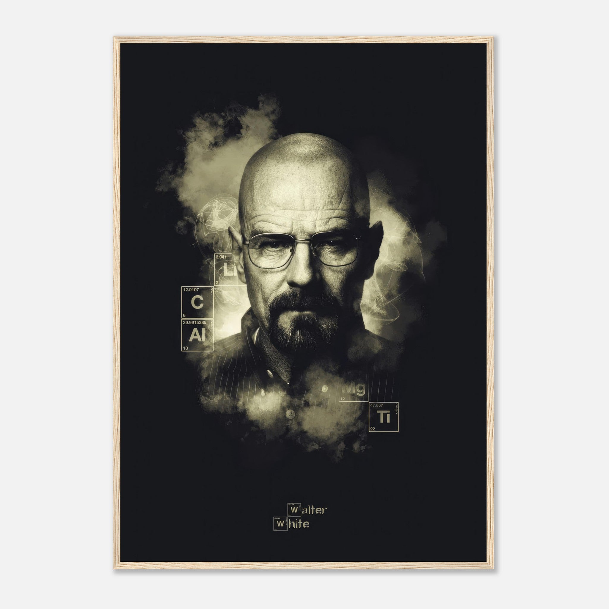 Walter White Heisenberg framed poster featuring iconic black-and-white artwork and smoky background design elements.