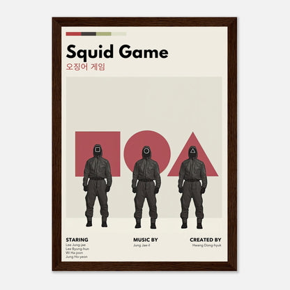 Squid Game Vintage Framed Print featuring iconic characters and retro design elements from the popular series.