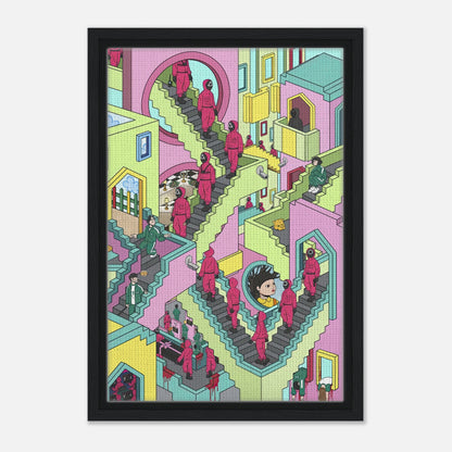 Framed canvas print of Squid Game stairs featuring vibrant colors and characters in a maze-like design.