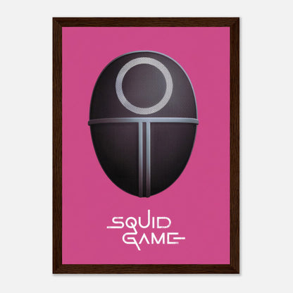 Squid Game Guard Mask framed print on pink background, perfect artwork for fans of the Netflix series.