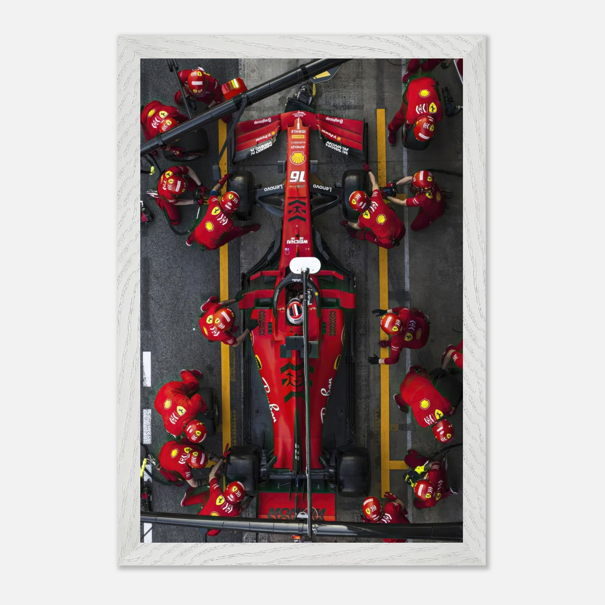 Ferrari Formula 1 pitstop fine art print showcasing teamwork and precision of the racing crew in vivid colors.