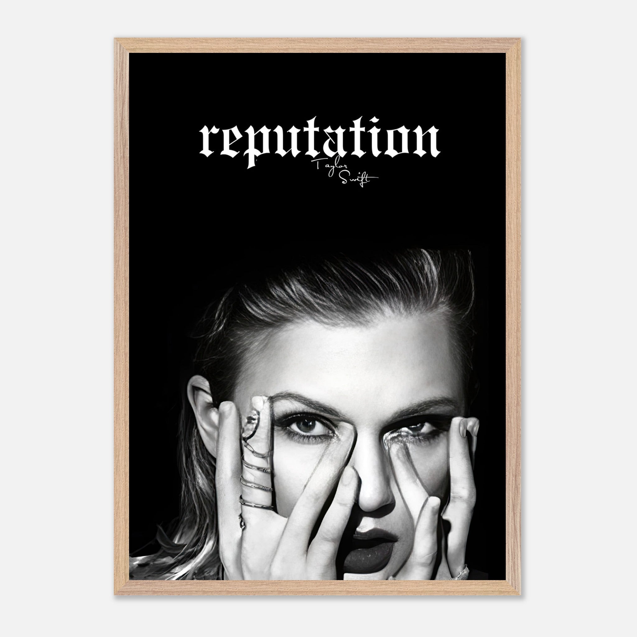 Taylor Swift Reputation vintage framed print featuring a striking monochrome portrait and logo, perfect for fans.