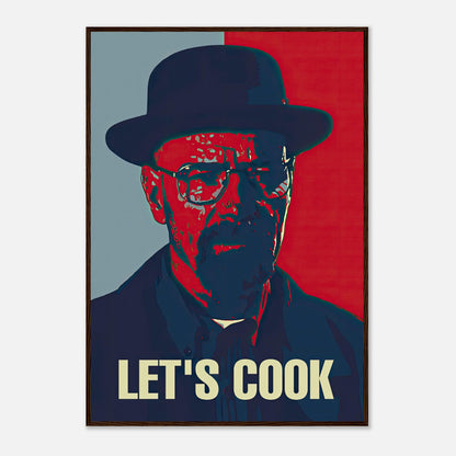 Heisenberg Let's Cook framed print featuring bold pop art design in red and blue colors, perfect for fans of iconic TV shows.