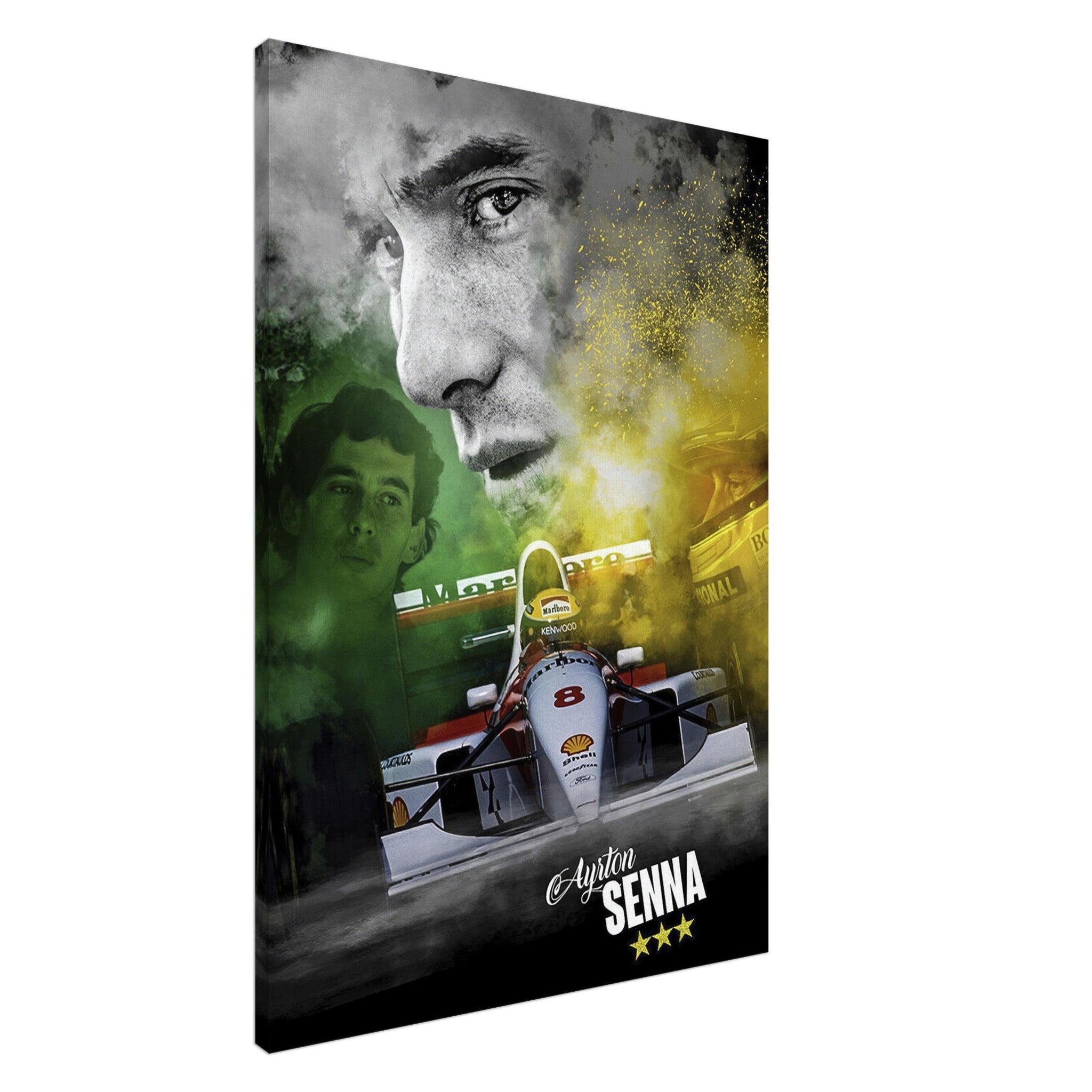 Ayrton Senna canvas print featuring dynamic racing action and iconic portrait against a vibrant background.