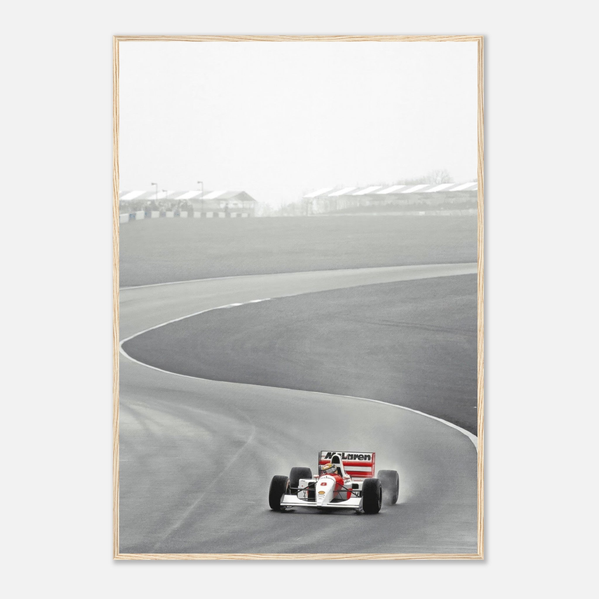 1988 Ayrton Senna racing in the McLaren MP4/4 captured in black and white framed print, showcasing timeless motorsport history.