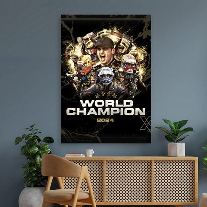 Max Verstappen 2024 F1 World Champion poster showcasing vibrant colors and iconic racing moments on premium-quality paper.