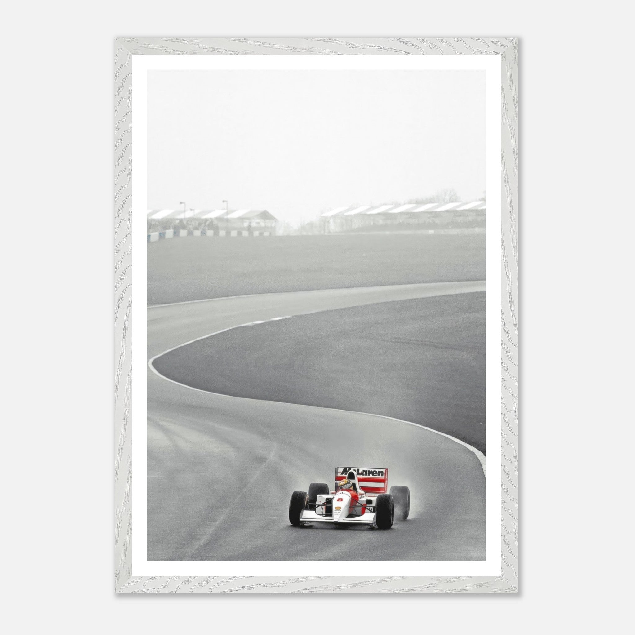 1988 Ayrton Senna McLaren MP4/4 framed giclée fine art print capturing a thrilling moment in Formula 1 racing.