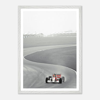 1988 Ayrton Senna McLaren MP4/4 framed giclée fine art print capturing a thrilling moment in Formula 1 racing.