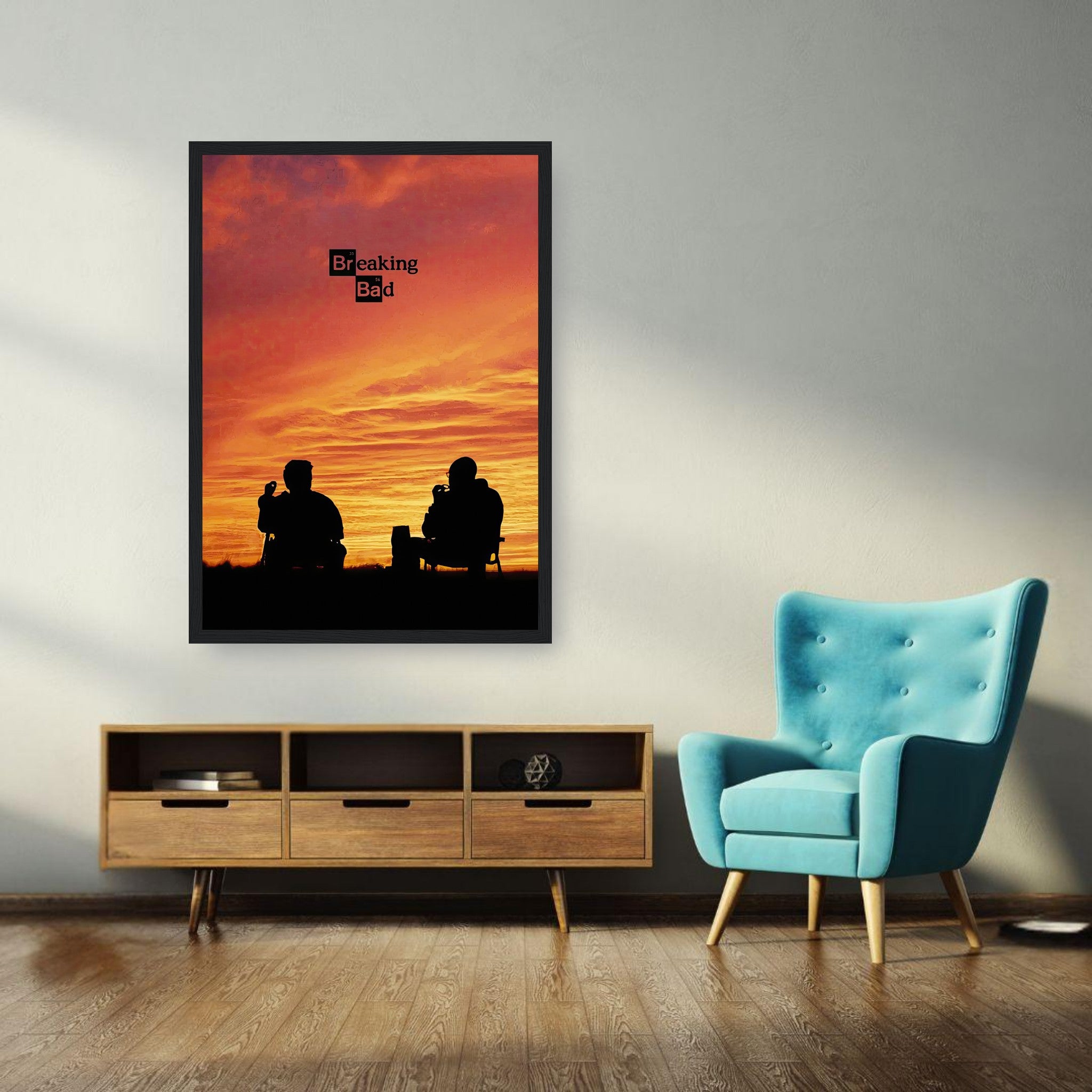 Breaking Bad framed poster featuring Walter White and Jesse Pinkman against a sunset, displayed in a stylish living room.