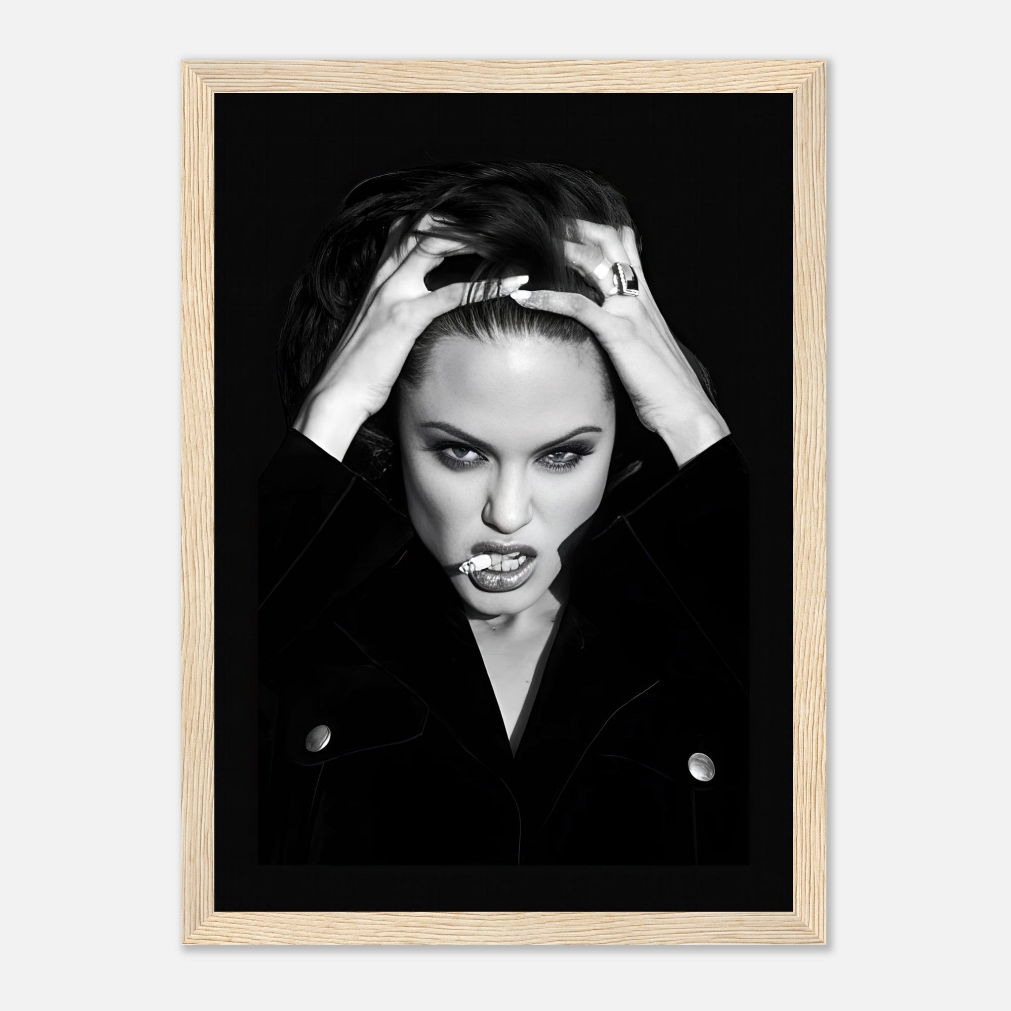 Angelina Jolie Smoking Framed Print showcasing bold glamour and edgy sophistication in black-and-white photography.