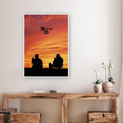 Breaking Bad framed poster featuring Walter White and Jesse Pinkman silhouetted against a sunset, perfect for fans.