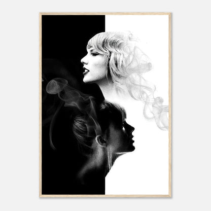 Taylor Swift black and white framed print showcasing dual portrait design with elegant light and shadow elements.