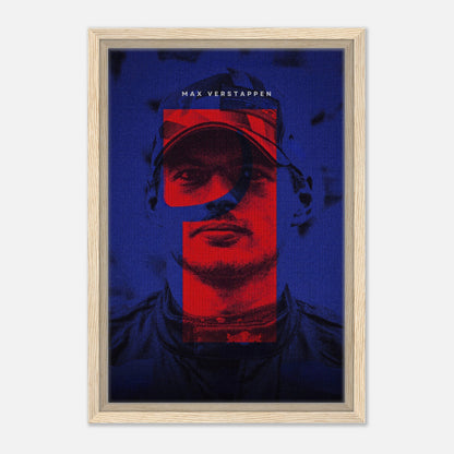 Framed canvas print of Max Verstappen featuring bold colors and dynamic F1 design, adding sophistication to any space.