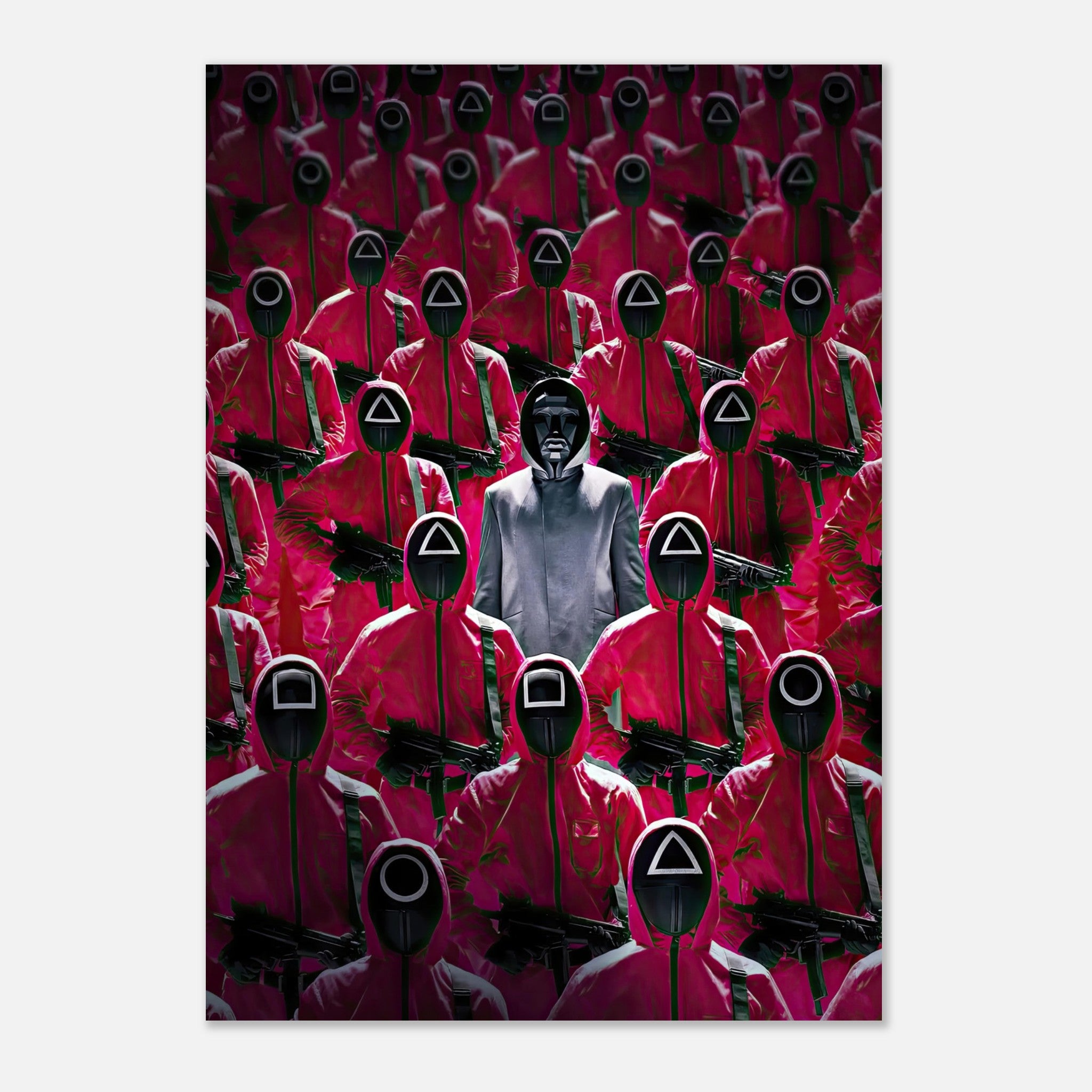 Squid Game Guards poster featuring masked guards in pink jumpsuits surrounding the enigmatic Front Man.