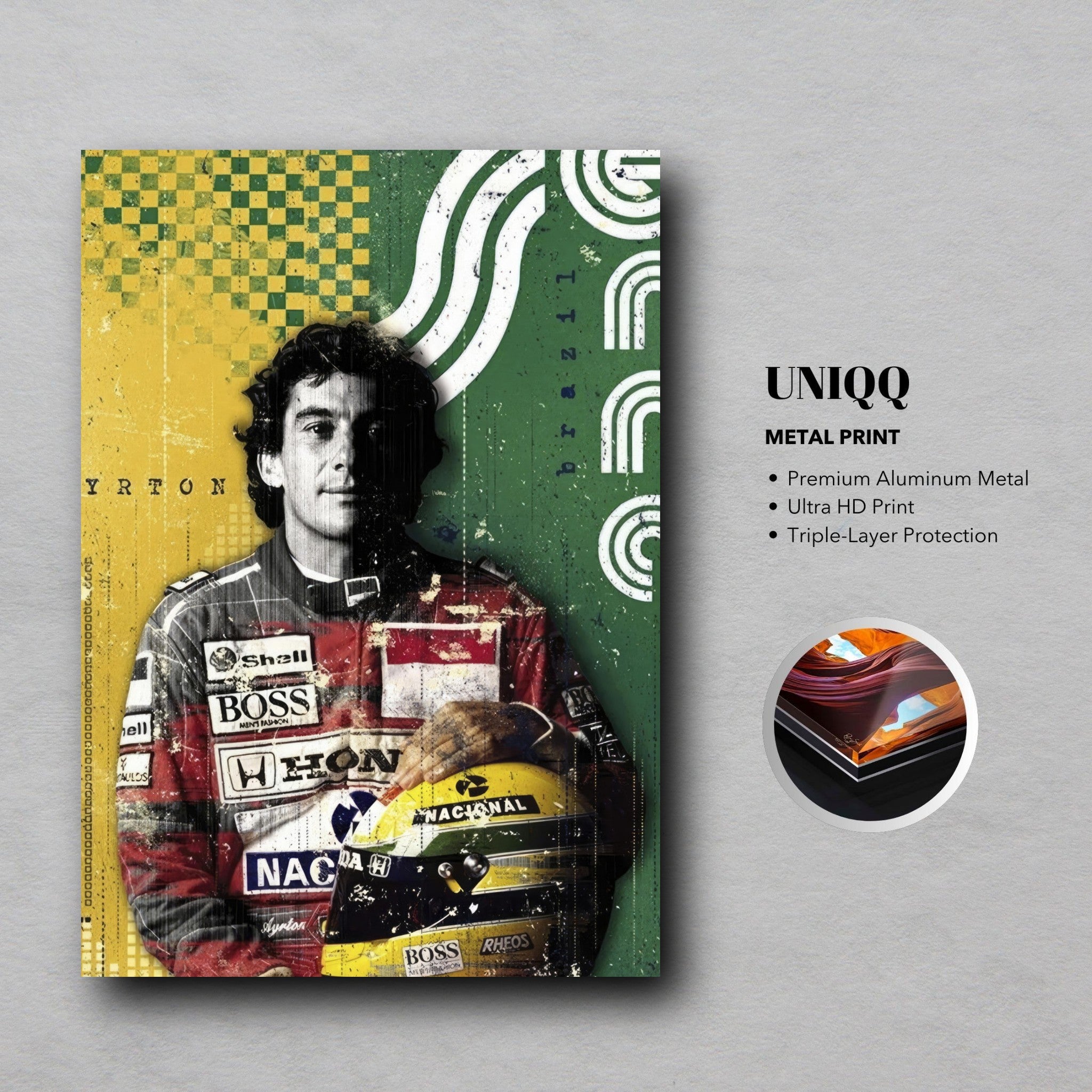 Ayrton Senna metal poster featuring vibrant Brazilian colors, capturing the essence of the F1 legend's racing passion.