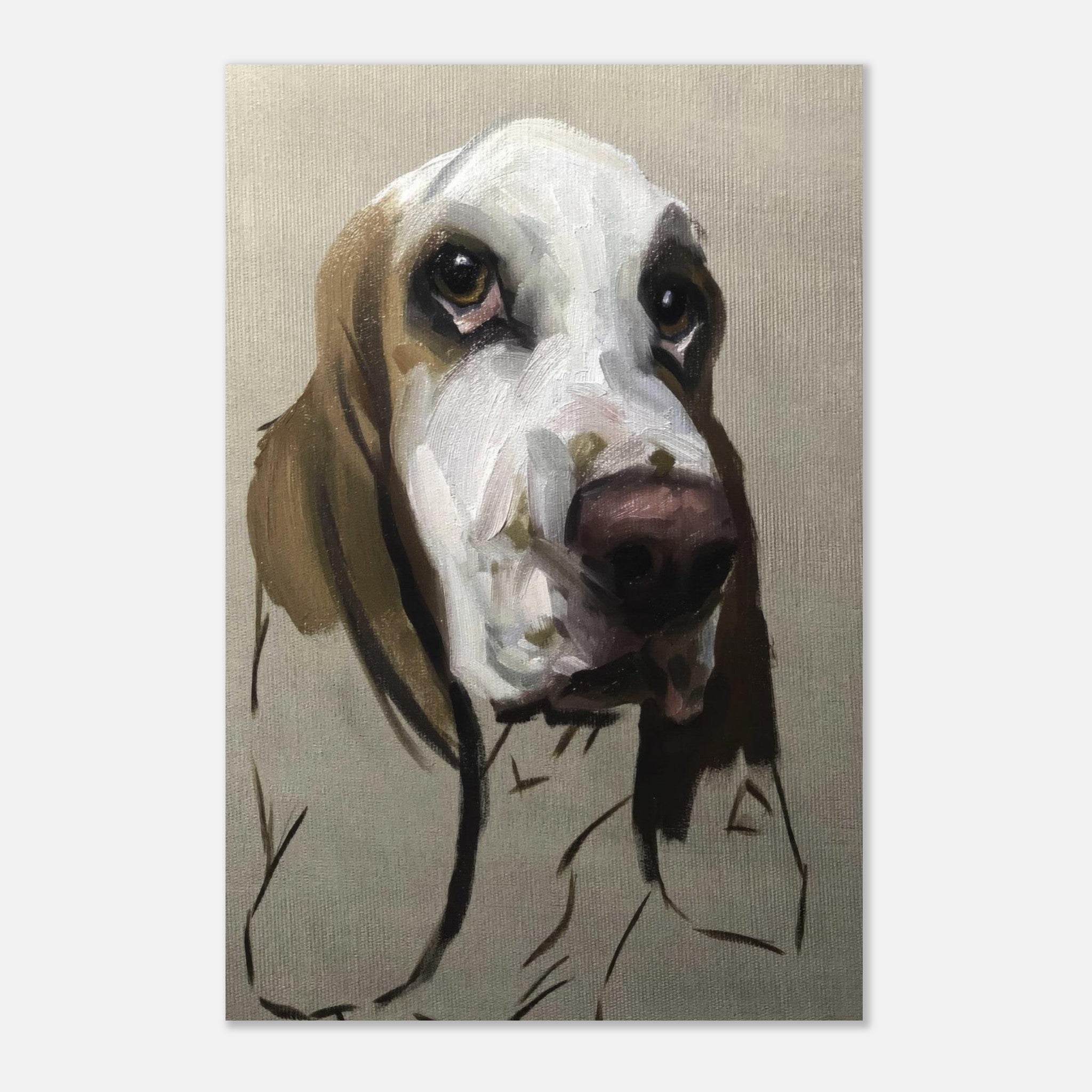 Basset Hound dog painting metal print showcasing expressive eyes and droopy ears in rich textures and earthy tones.
