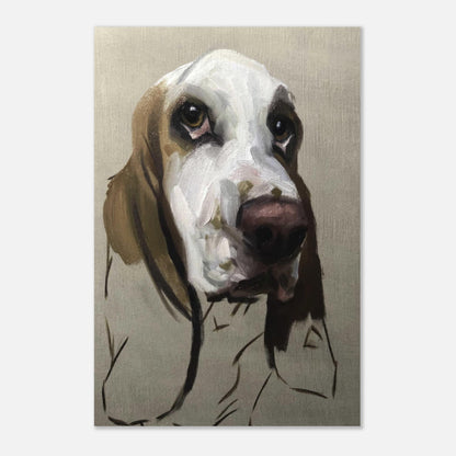 Basset Hound dog painting metal print showcasing expressive eyes and droopy ears in rich textures and earthy tones.