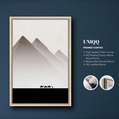 Minimalist Pyramids of Giza framed canvas print with earthy tones and wooden frame for elegant home decor.