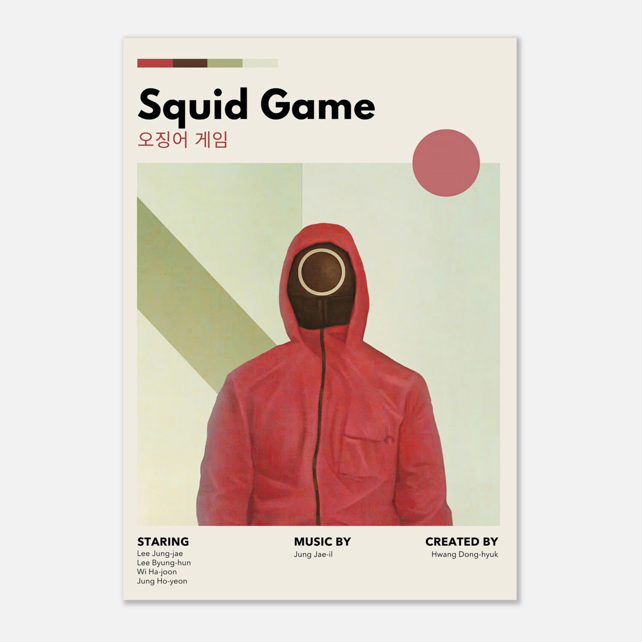 Vintage Squid Game poster featuring minimalist design and iconic red hoodie character, perfect for fans and home decor.