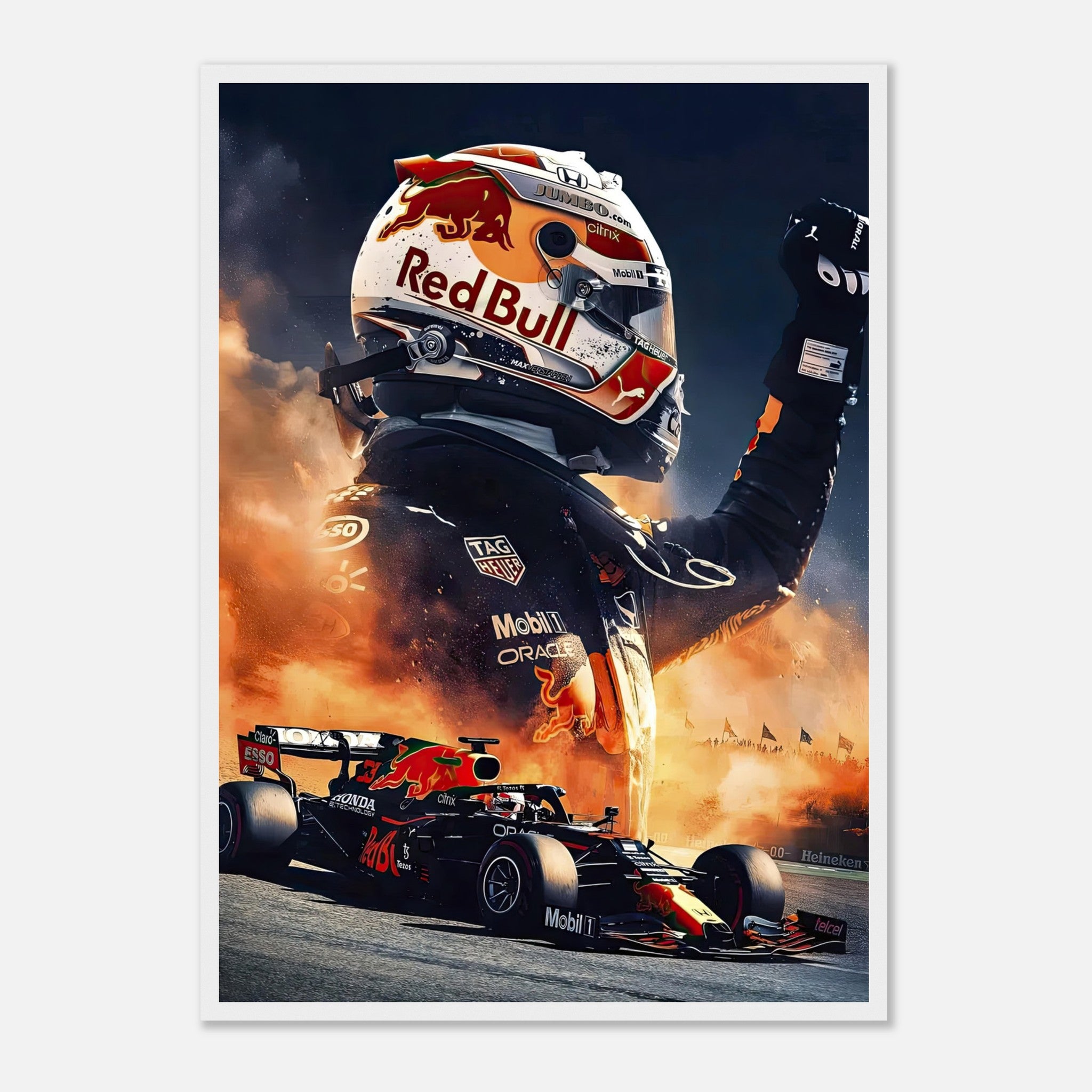 Max Verstappen framed print with dynamic Red Bull design, showcasing speed and determination in Formula 1 racing.