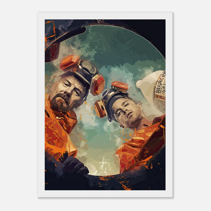 Cook & Clean Breaking Bad framed print featuring Walter White and Jesse Pinkman in hazmat suits against a vibrant backdrop.