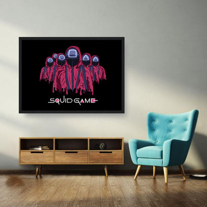 Squid Game Soldiers Framed Poster featuring iconic guards in pink with geometric masks, hanging in a modern living room.